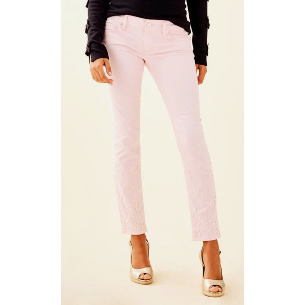 Lilly‎ Pulitzer Worth Skinny Jean Custom Pearl Embellishment Pink Fizz Sz 0